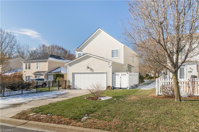 view of home's exterior with a garage and a lawn