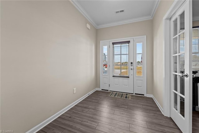 1318 Reading Ct, Burlington, NC 27217 - entryway with baseboards, visible vents, dark wood-type flooring, and ornamental molding
