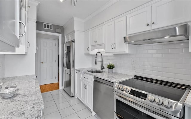 1101 N Elm St Unit 902, Greensboro, NC 27401 - kitchen with stainless steel appliances, under cabinet range hood, a sink, white cabinetry, and ornamental molding