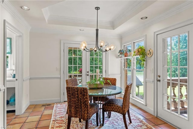 2020 La Dora Dr, High Point, NC 27265 - dining area with a chandelier, french doors, light tile patterned flooring, and ornamental molding