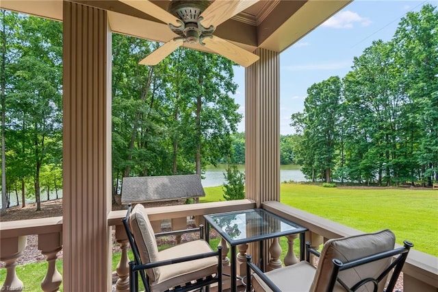 2020 La Dora Dr, High Point, NC 27265 - view of patio / terrace with a water view, a ceiling fan, and view of wooded area