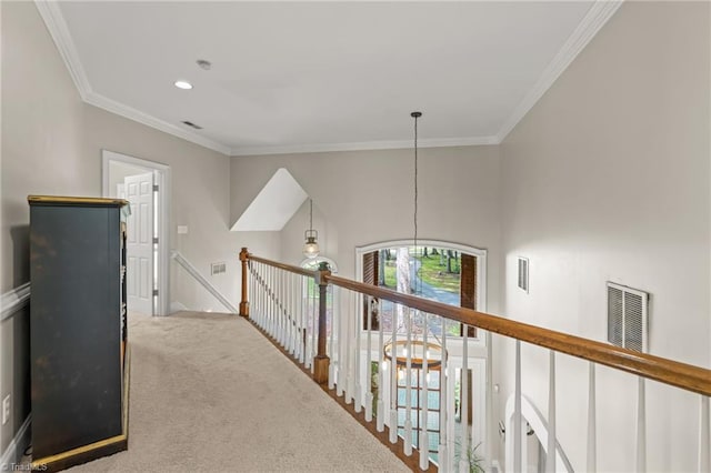 2020 La Dora Dr, High Point, NC 27265 - hallway featuring an upstairs landing, carpet flooring, ornamental molding, and recessed lighting