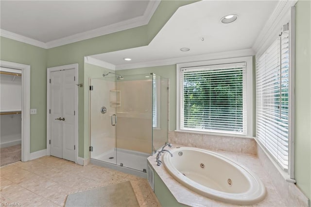 2020 La Dora Dr, High Point, NC 27265 - bathroom featuring crown molding, a shower stall, a tub with jets, tile patterned floors, and recessed lighting