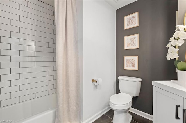 bathroom featuring toilet, tile patterned floors, baseboards, and shower / bath combination with curtain