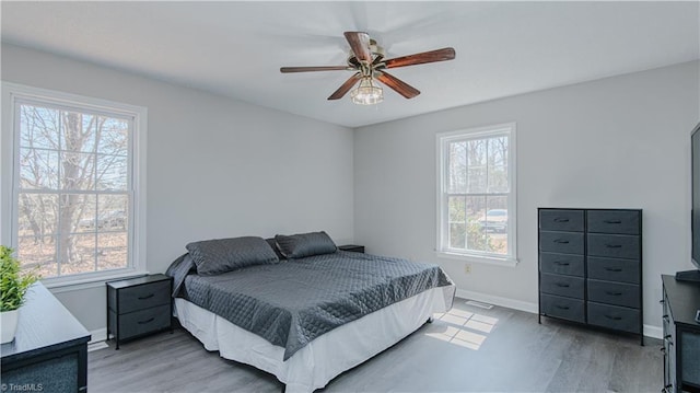 bedroom with baseboards, multiple windows, and wood finished floors