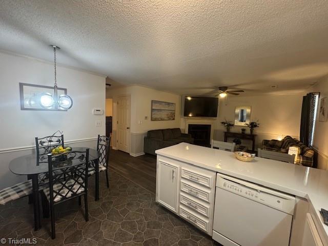 201 Olde Vineyard Ct, Winston-Salem, NC 27104 - kitchen with white dishwasher, a ceiling fan, open floor plan, a textured ceiling, and light countertops