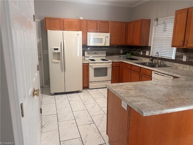 kitchen featuring sink, kitchen peninsula, white appliances, crown molding, and decorative backsplash