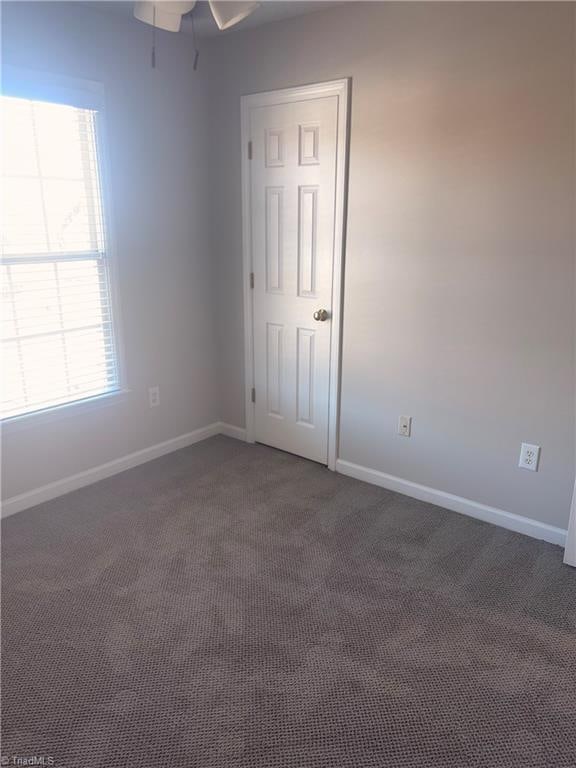 carpeted empty room with a wealth of natural light and ceiling fan