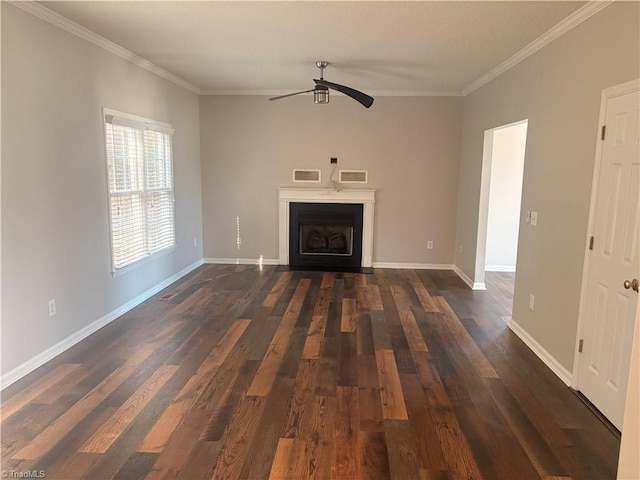 unfurnished living room featuring ceiling fan, dark hardwood / wood-style floors, and ornamental molding