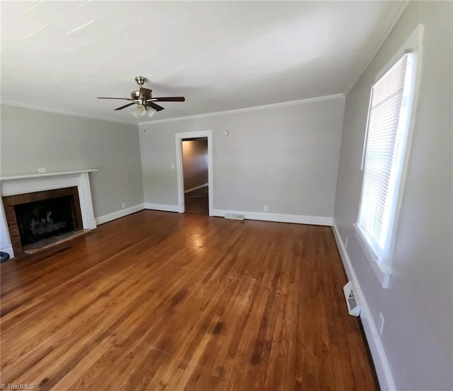 unfurnished living room featuring ceiling fan, hardwood / wood-style flooring, and ornamental molding