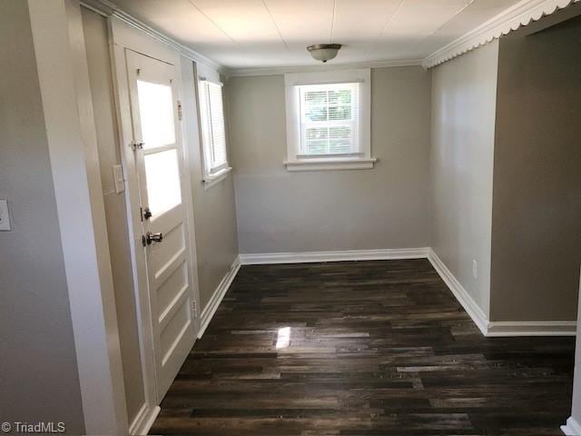 doorway to outside with ornamental molding and dark wood-type flooring