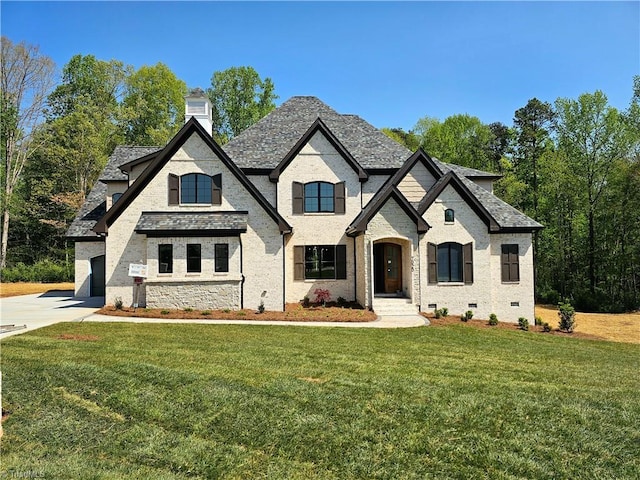 7020 Marseilles Ct, Summerfield, NC 27358 - french country inspired facade featuring a front yard, a chimney, roof with shingles, brick siding, and concrete driveway