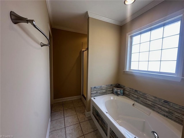4727 Eagle Path, Winston-Salem, NC 27127 - full bathroom featuring ornamental molding, a bath, baseboards, a shower stall, and tile patterned flooring