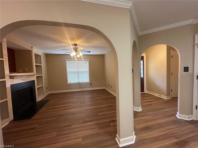 4727 Eagle Path, Winston-Salem, NC 27127 - unfurnished living room with ornamental molding, a fireplace, ceiling fan, dark wood-style floors, and baseboards