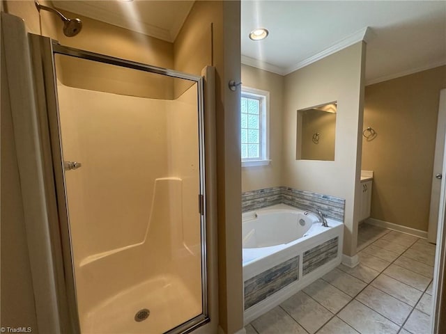 4727 Eagle Path, Winston-Salem, NC 27127 - full bathroom featuring a shower stall, a bath, vanity, ornamental molding, and tile patterned floors