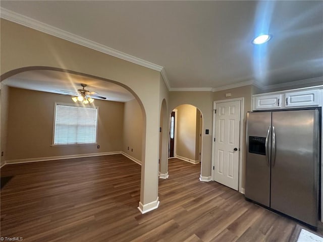 4727 Eagle Path, Winston-Salem, NC 27127 - kitchen featuring stainless steel refrigerator with ice dispenser, arched walkways, ceiling fan, dark wood-style flooring, and baseboards