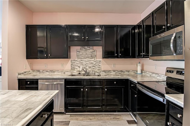 6801 Hanesbrook Cir Unit 104, Clemmons, NC 27012 - kitchen with appliances with stainless steel finishes, dark cabinetry, a sink, light countertops, and light wood finished floors