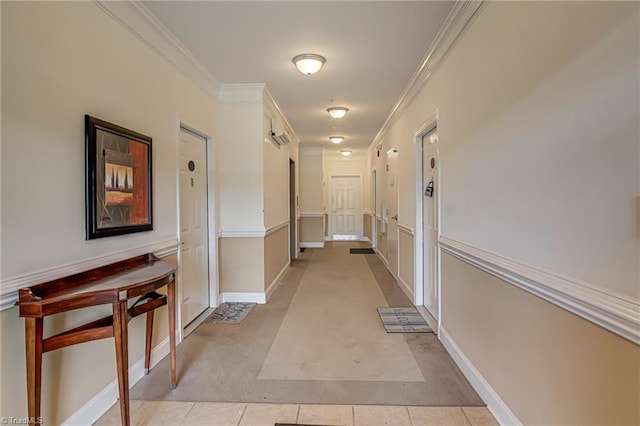 6801 Hanesbrook Cir Unit 104, Clemmons, NC 27012 - hall featuring light colored carpet, crown molding, baseboards, a wall unit AC, and light tile patterned floors