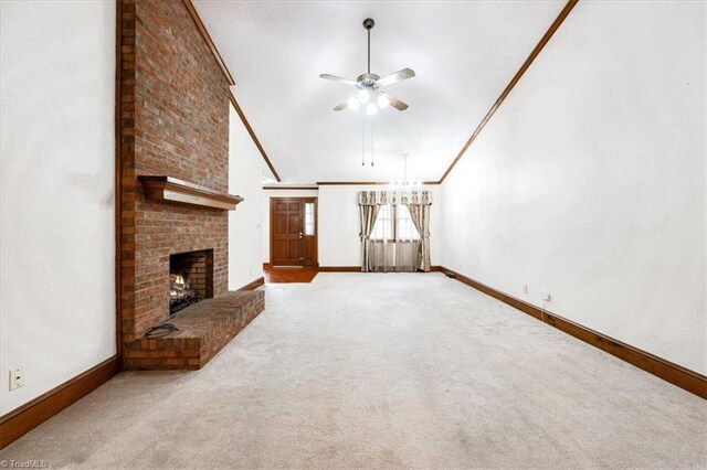 206 Swaim Ct, Salisbury, NC 28147 - unfurnished living room with vaulted ceiling, ornamental molding, baseboards, carpet floors, and ceiling fan