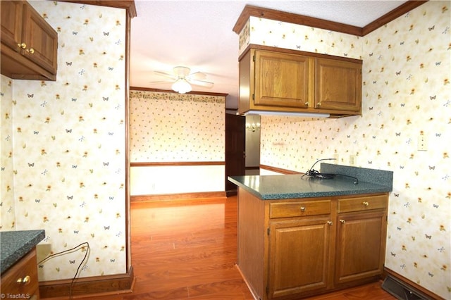 kitchen with sink, dark hardwood / wood-style flooring, ornamental molding, and a textured ceiling