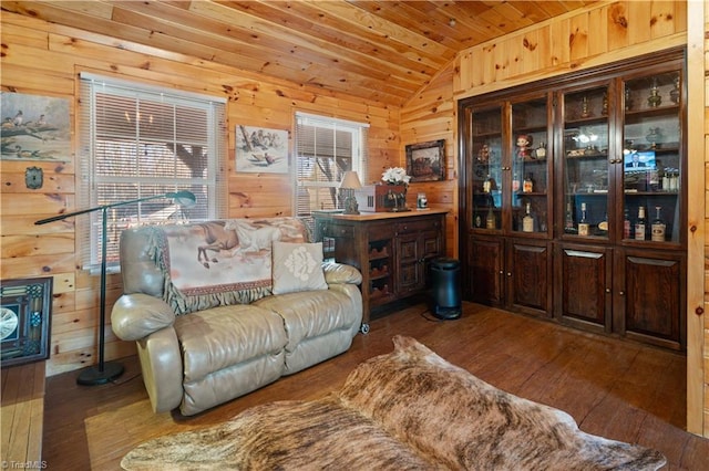 living room featuring wooden walls, dark wood-type flooring, wooden ceiling, and vaulted ceiling