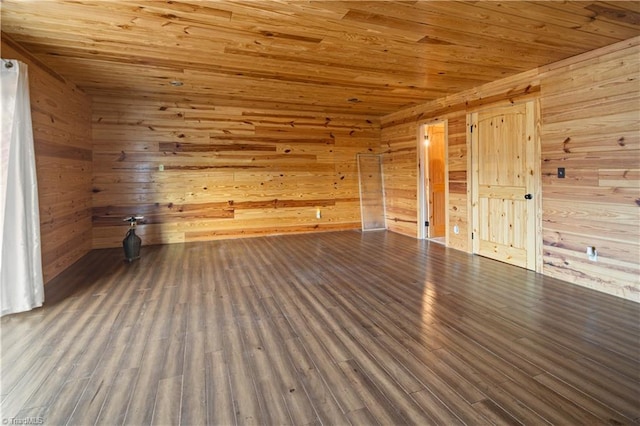 additional living space featuring wood walls, dark hardwood / wood-style flooring, and wooden ceiling