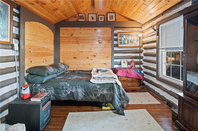 bedroom with rustic walls, dark hardwood / wood-style floors, wooden ceiling, and vaulted ceiling