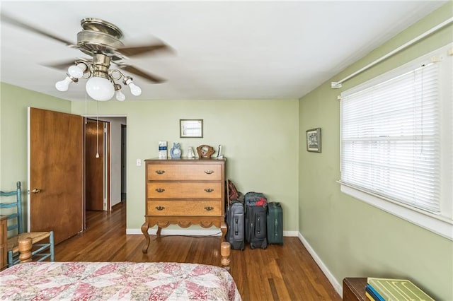 bedroom featuring ceiling fan, dark hardwood / wood-style flooring, and multiple windows