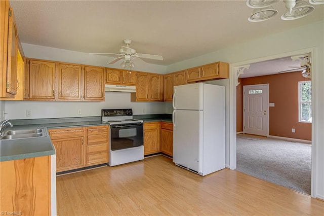 261 Williamsgate Ct, Winston-Salem, NC 27107 - kitchen with freestanding refrigerator, range with electric cooktop, a sink, under cabinet range hood, and a ceiling fan