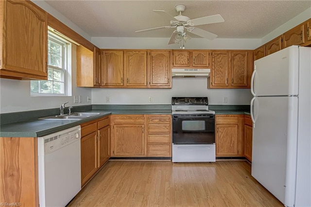 261 Williamsgate Ct, Winston-Salem, NC 27107 - kitchen featuring white appliances, under cabinet range hood, a sink, light wood finished floors, and dark countertops