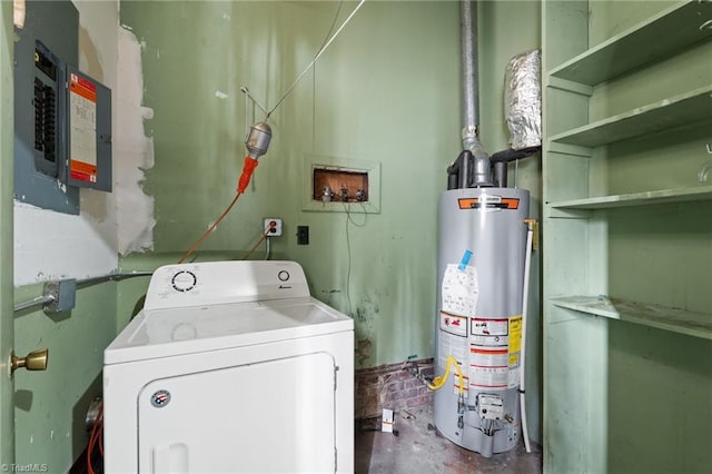 laundry area featuring water heater, laundry area, washer / clothes dryer, and electric panel