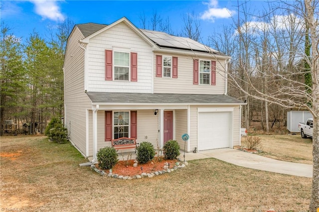 traditional home featuring driveway, roof mounted solar panels, a porch, and a front yard