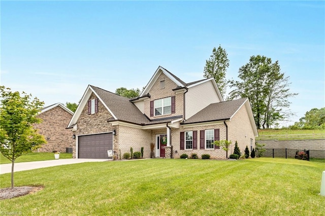 view of front of property with a front lawn, driveway, a garage, and fence