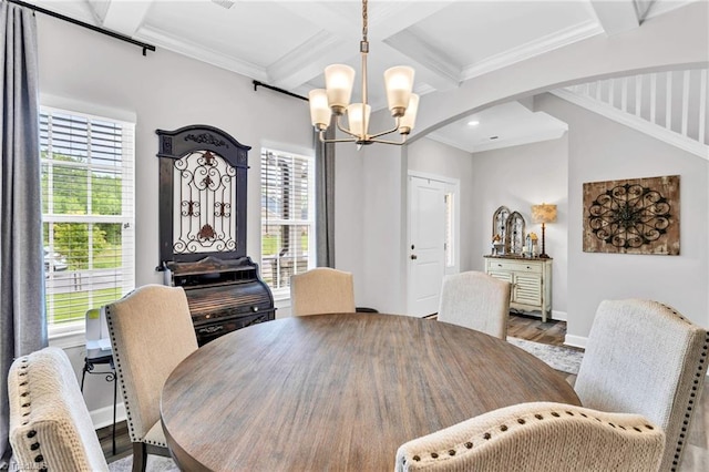 dining room featuring a chandelier, coffered ceiling, arched walkways, beam ceiling, and wood finished floors