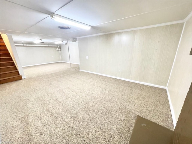 basement featuring carpet flooring