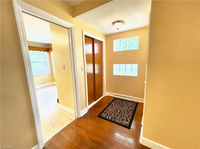 doorway with a baseboard heating unit, hardwood / wood-style flooring, and plenty of natural light