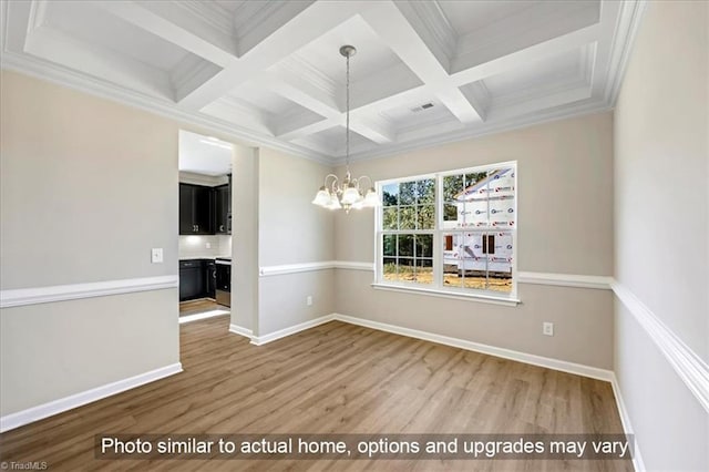 unfurnished dining area with beamed ceiling, an inviting chandelier, wood finished floors, and coffered ceiling