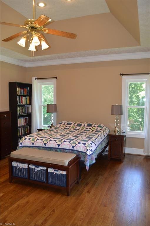 198 Savannah Ln, Mount Airy, NC 27030 - bedroom with a tray ceiling, ornamental molding, wood finished floors, and a ceiling fan