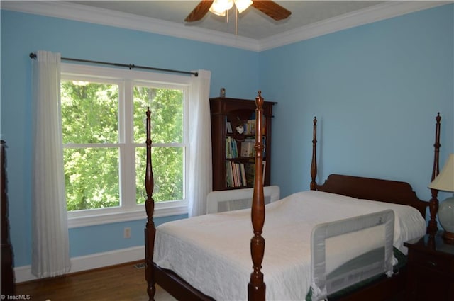 198 Savannah Ln, Mount Airy, NC 27030 - bedroom featuring radiator, baseboards, wood finished floors, ornamental molding, and a ceiling fan
