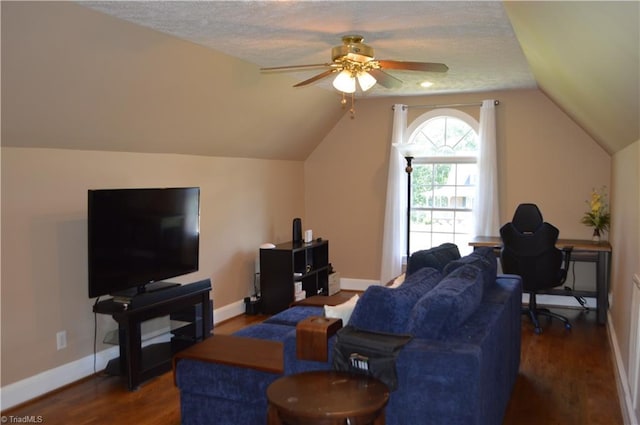198 Savannah Ln, Mount Airy, NC 27030 - living area featuring ceiling fan, dark wood-style floors, vaulted ceiling, baseboards, and a textured ceiling