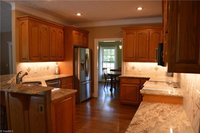 198 Savannah Ln, Mount Airy, NC 27030 - kitchen featuring appliances with stainless steel finishes, a sink, light stone countertops, dark wood-style flooring, and ornamental molding