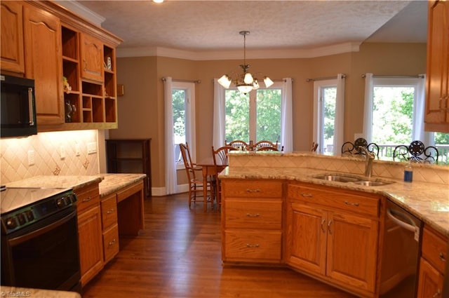 198 Savannah Ln, Mount Airy, NC 27030 - kitchen featuring range with electric stovetop, black microwave, dishwasher, a sink, and a chandelier