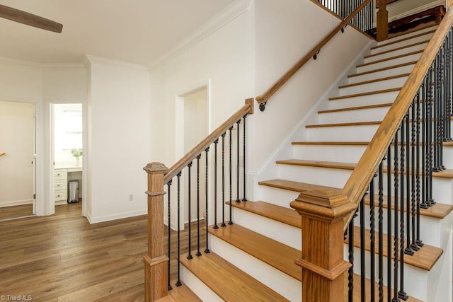 stairway featuring hardwood / wood-style floors and crown molding