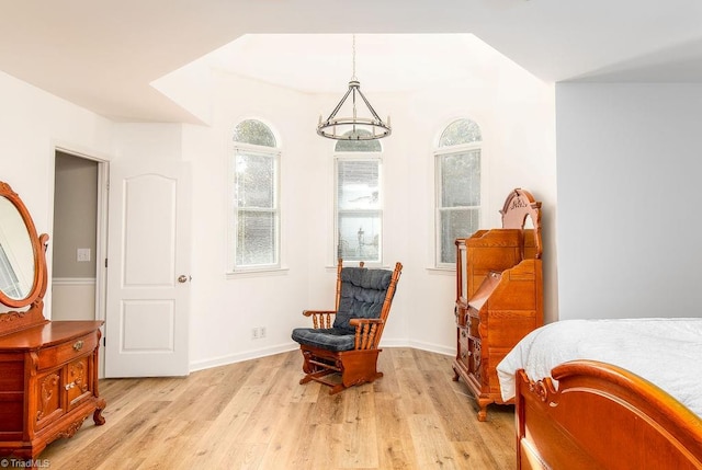 bedroom with light hardwood / wood-style floors and multiple windows