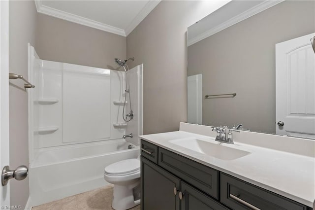 full bathroom with toilet,  shower combination, tile patterned floors, crown molding, and vanity