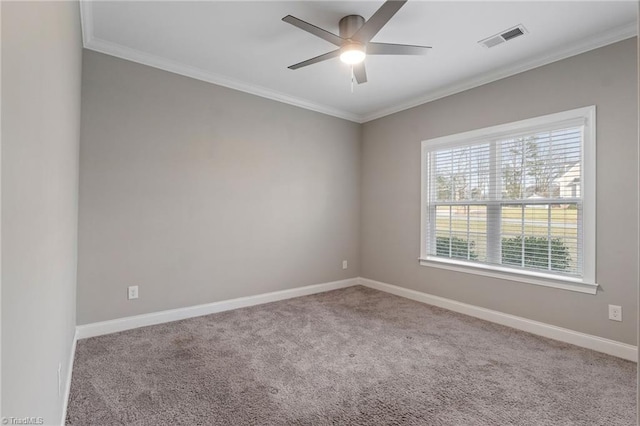 carpeted spare room featuring ceiling fan and ornamental molding