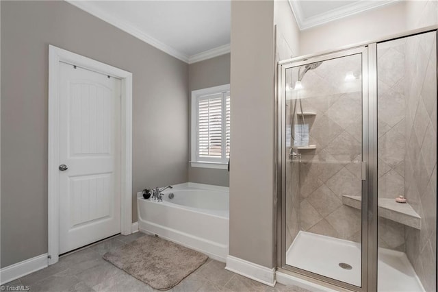 bathroom featuring ornamental molding, tile patterned floors, and separate shower and tub