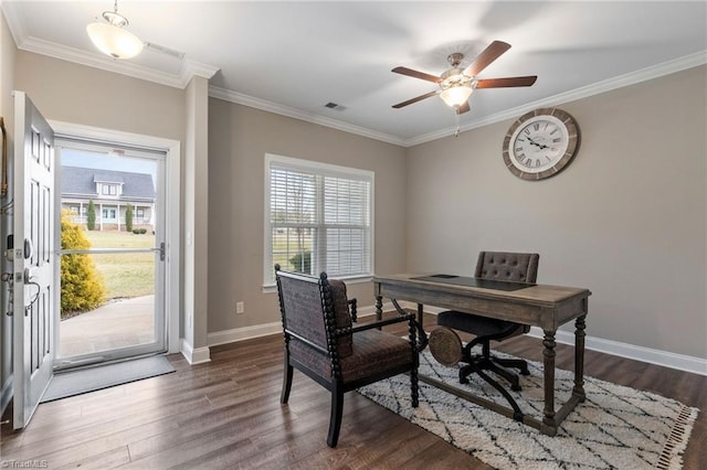 office featuring ceiling fan, dark hardwood / wood-style flooring, and ornamental molding