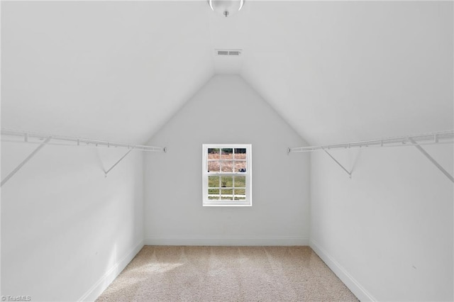 spacious closet with lofted ceiling and carpet flooring