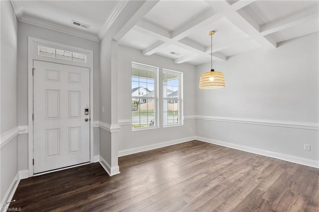 foyer with coffered ceiling, dark hardwood / wood-style floors, beam ceiling, and crown molding